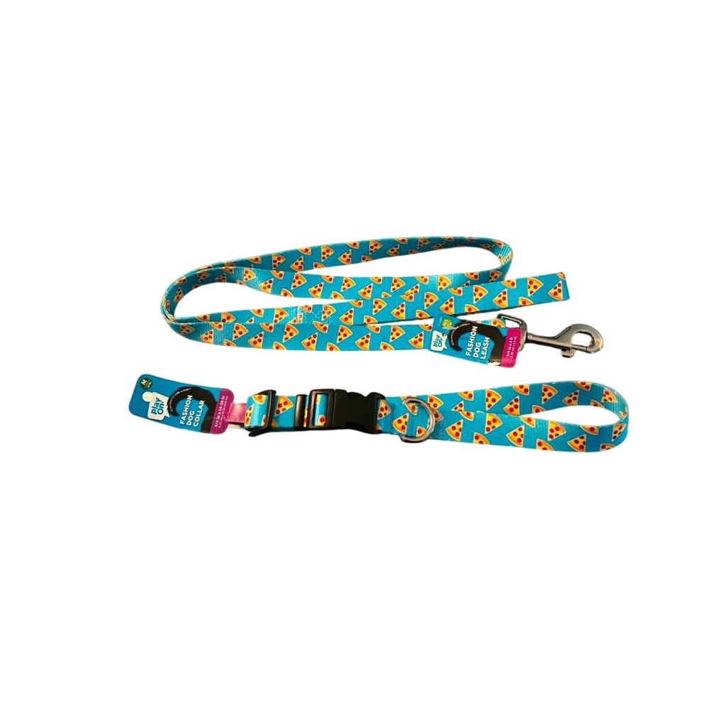 Play On! Dog Collar and Leash Set Medium Teal Blue Pizza NWT Pizza Slice Print